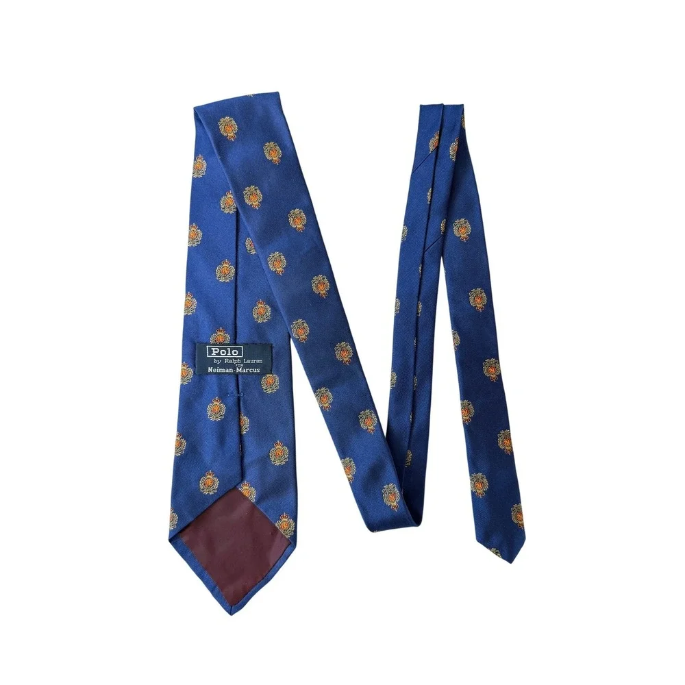 Polo Ralph Lauren Neiman Marcus VTG Silk Crest Tie Blue Heraldic Made in USA